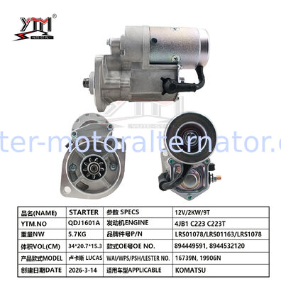 12V 2KW 9T Engine Starter Motor LUCAS LRS01078 LRS01163 LRS1078 for KOMATSU 894449591 8944532120