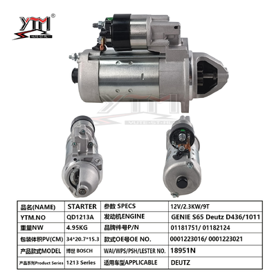 YTM QD1213A 12V 2.3KW 9T Startmotor voor Deutz D436 1011 Motor Genie S65 0001223016 0001223021 Deutz 01181751 01182124 Vervangende Startmotor