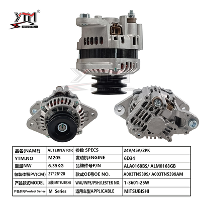 24V 45A 2PK alternator M205 Voor Mitsubishi 6D34 Motor OE ALA0168BS ALM0168GB A003TN5399 1‐3601‐25W