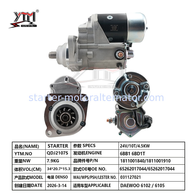 24V 10T 4.5KW  Engine Starter Motor DAEWO0 6102 6105 Diesel Engine Accessories 1811001840/1811001910 65262017044 65262017044 for  DENSO