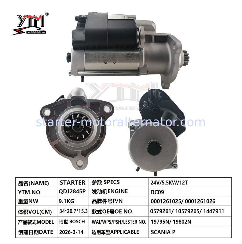 24V 5.5KW 12T  Engine Starter Motor SCANIA P DC09 Diesel Engine Accessories 0001261025 0001261026 0579261 10579265 1447911 for  SCANIA P